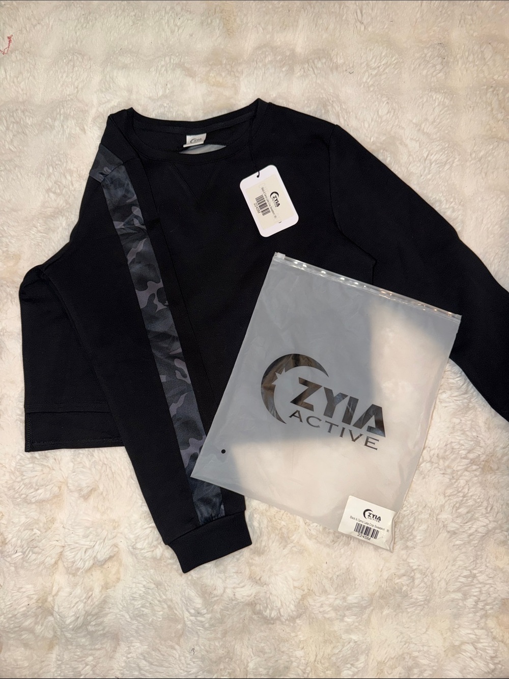 ZYIA Active Black Pullover Sweatshirt with Grey Camo Stripe